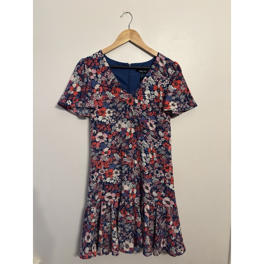 BCBG Paris Women's Pink Blue Floral Dress Lined Flutter Sleeve Ruffle Size Small